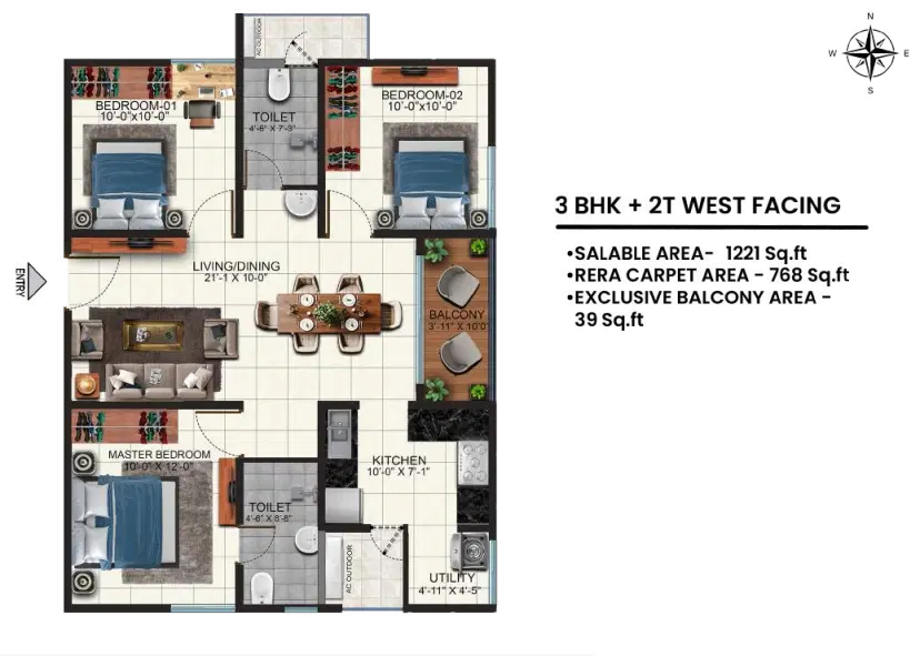 3 BHK + 2T WEST FACING - 1221 Sq.ft